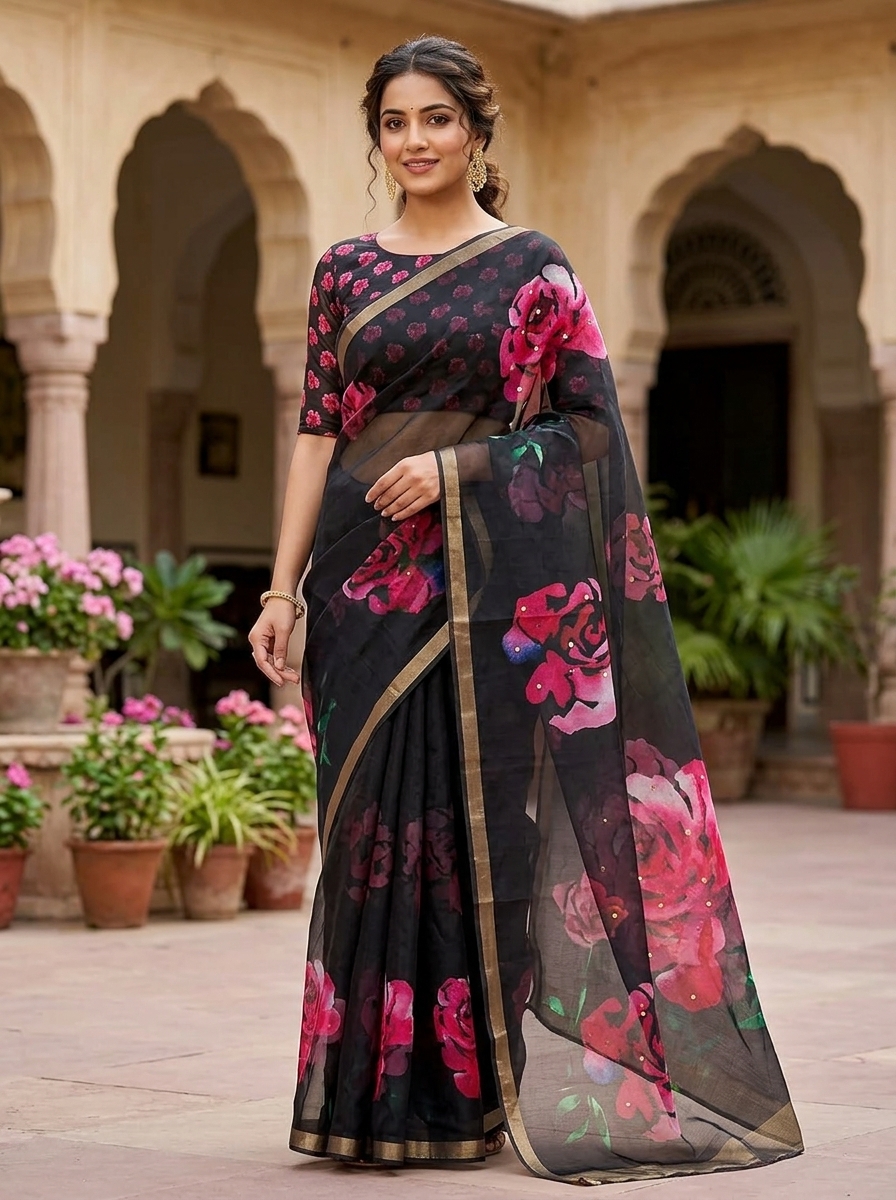 Black Organza Saree with Pink Floral Digital Print and Gold Zari Border.